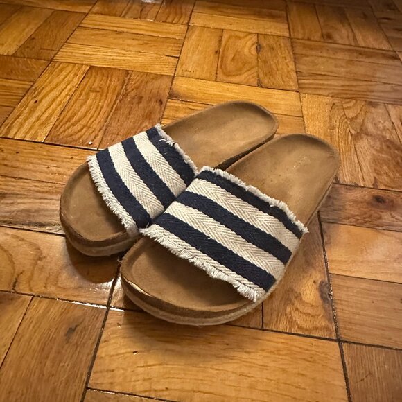 Lulus Espadrille Slide Sandals, with blue and white strip canvas, Size 8 - Picture 1 of 3